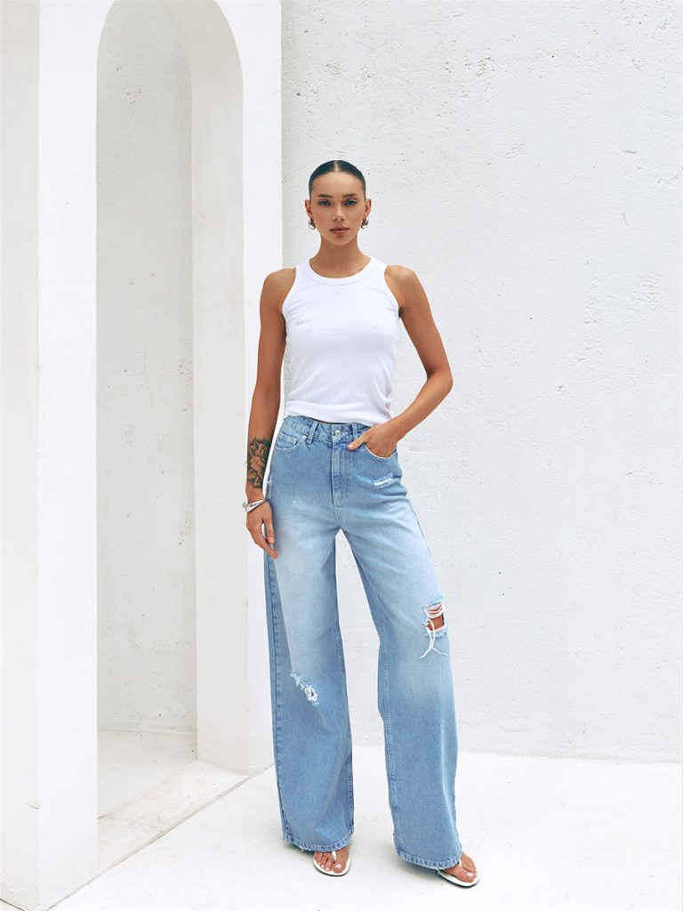 Blue Palazzo Jeans with Decorative Distressing