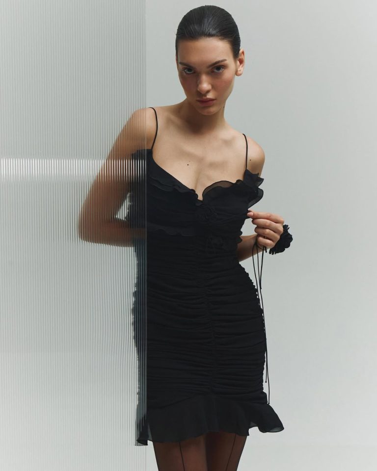 BLACK DRAPED CHIFFON MINI DRESS