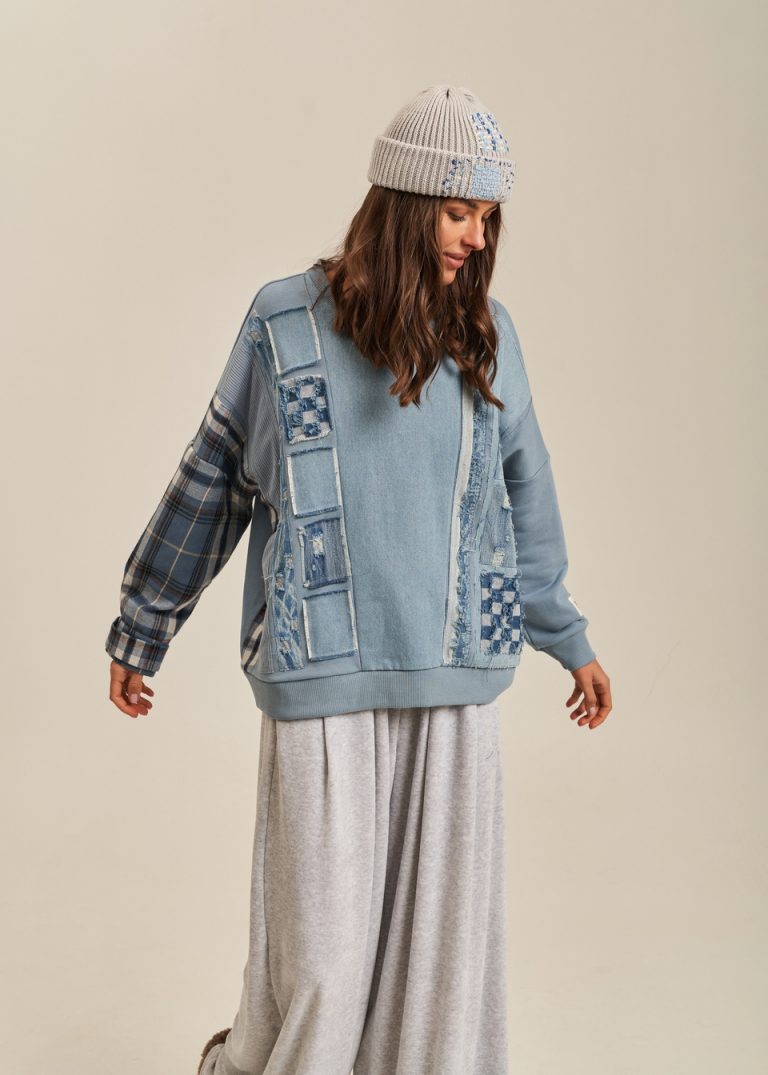 Extra three-thread sweatshirt, denim with flannel, blue