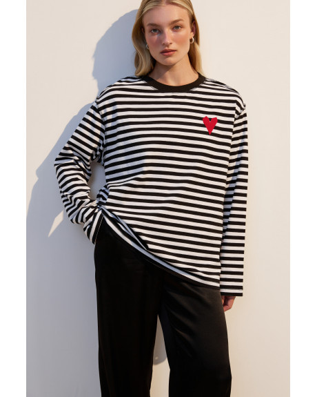 Breton shirt with open seams and Heart print