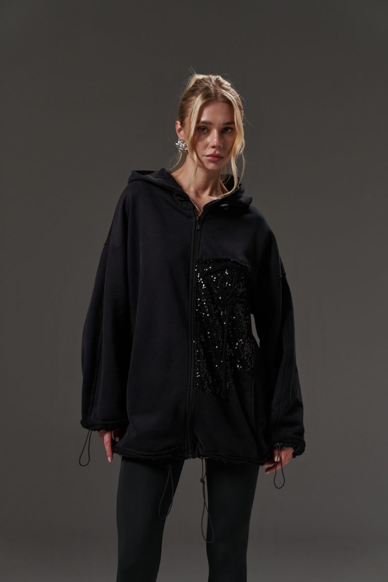Black three-thread zippered hoodie, sequin corset