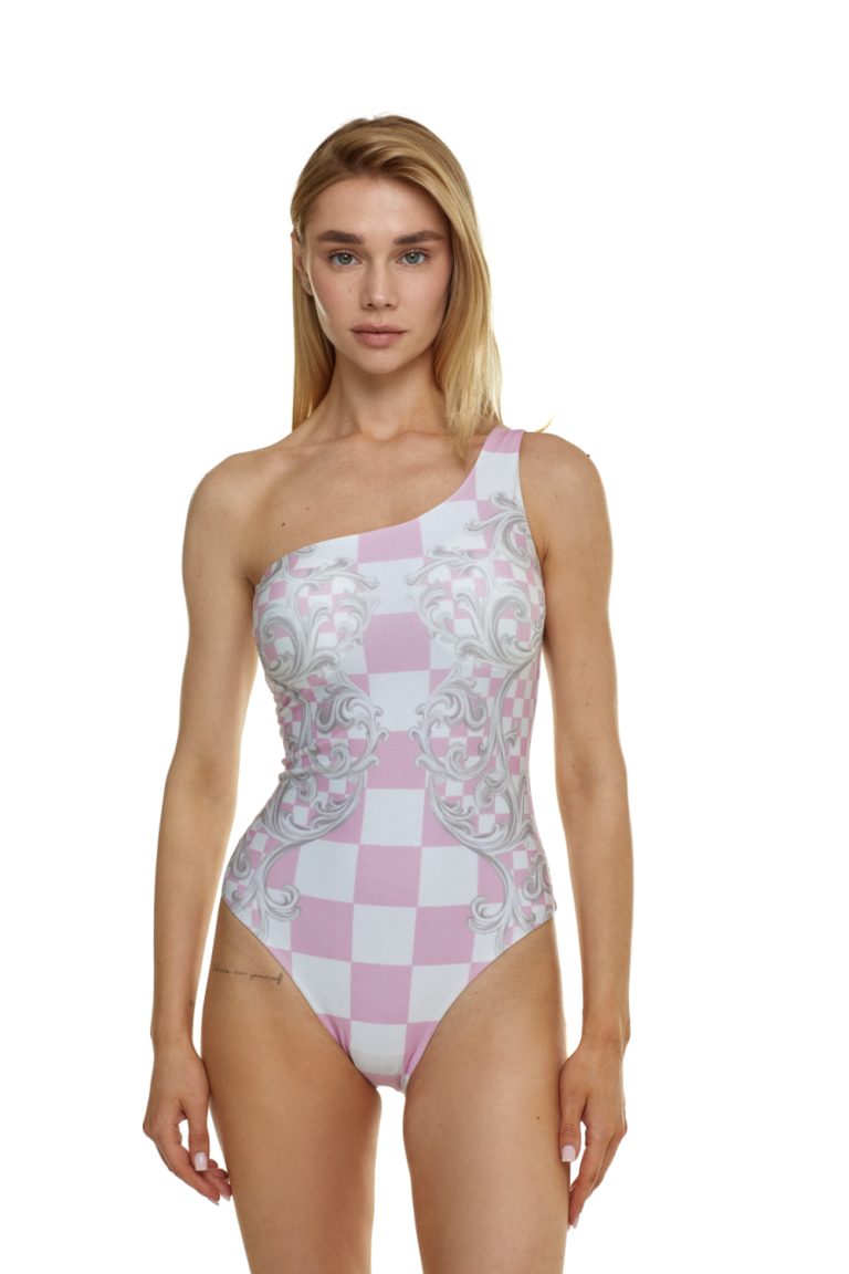 One-Piece Printed Swimsuit, One-Shoulder, "Versailles Rose" print
