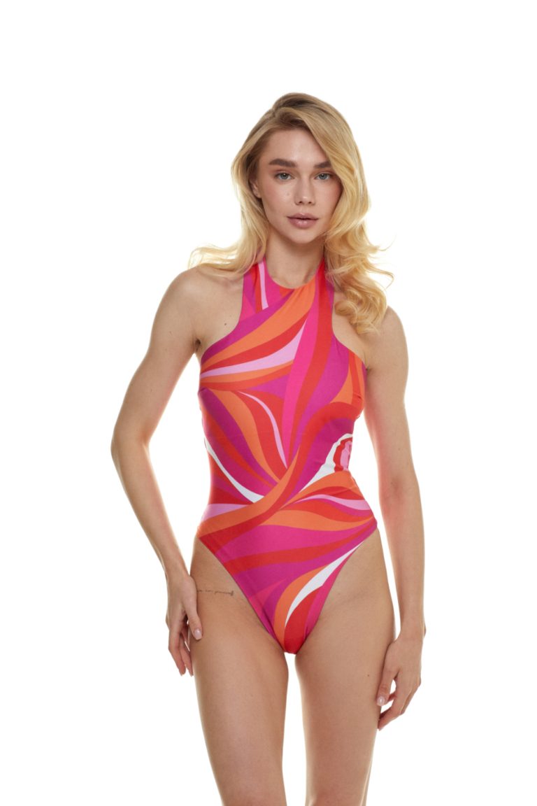 One-Piece Swimsuit halter with "La Linia Viva" print