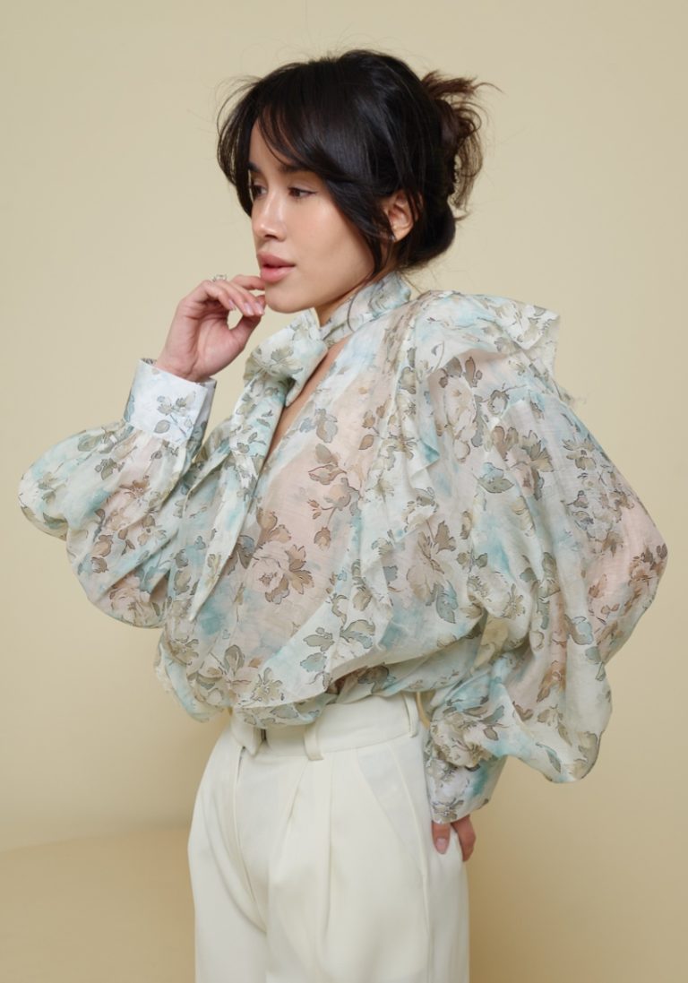 Blouse with bow and green flowers