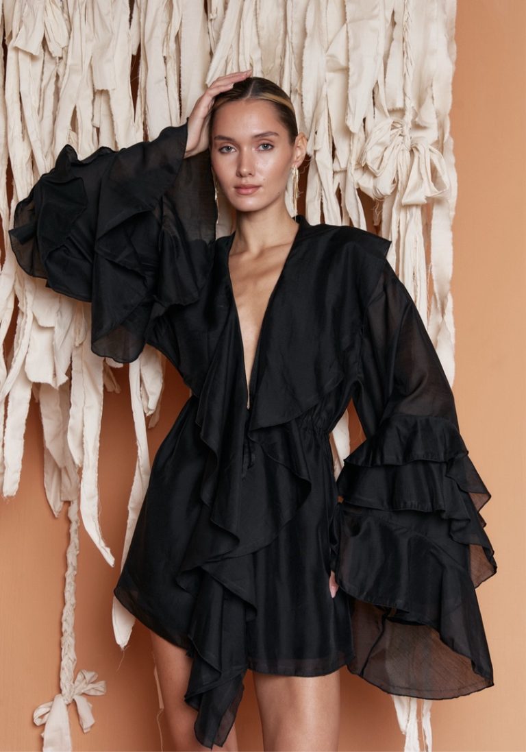 KARINA black Kimono Dress with ruffles