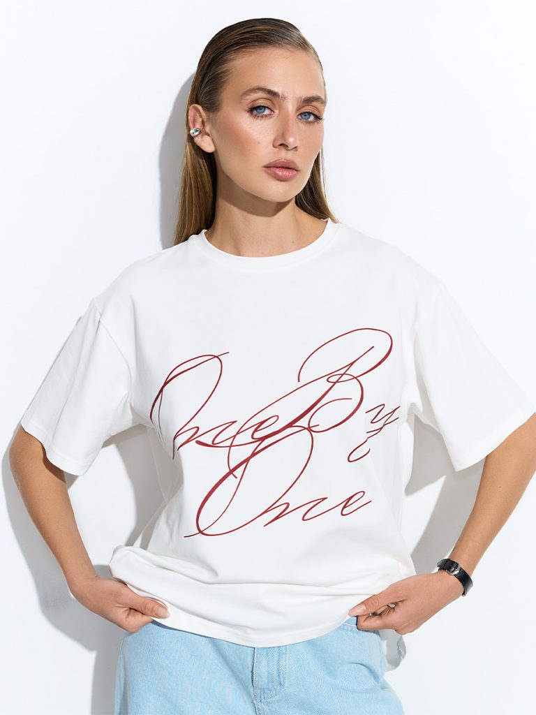 Oversized white T-shirt with red print One By One