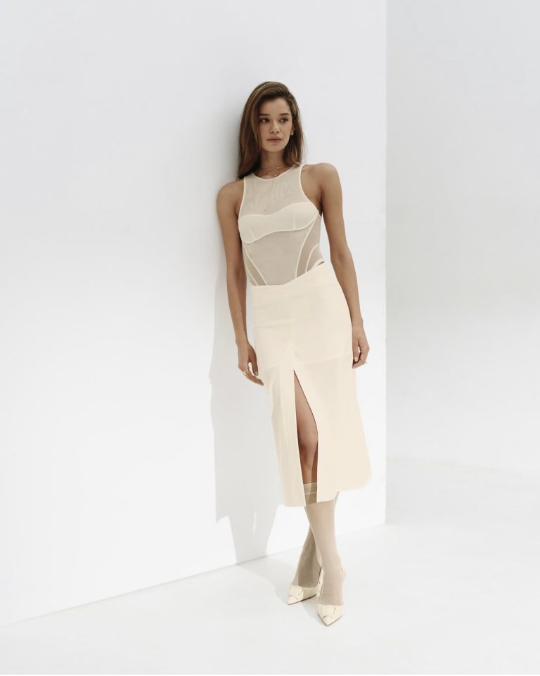 Ivory midi skirt with slit