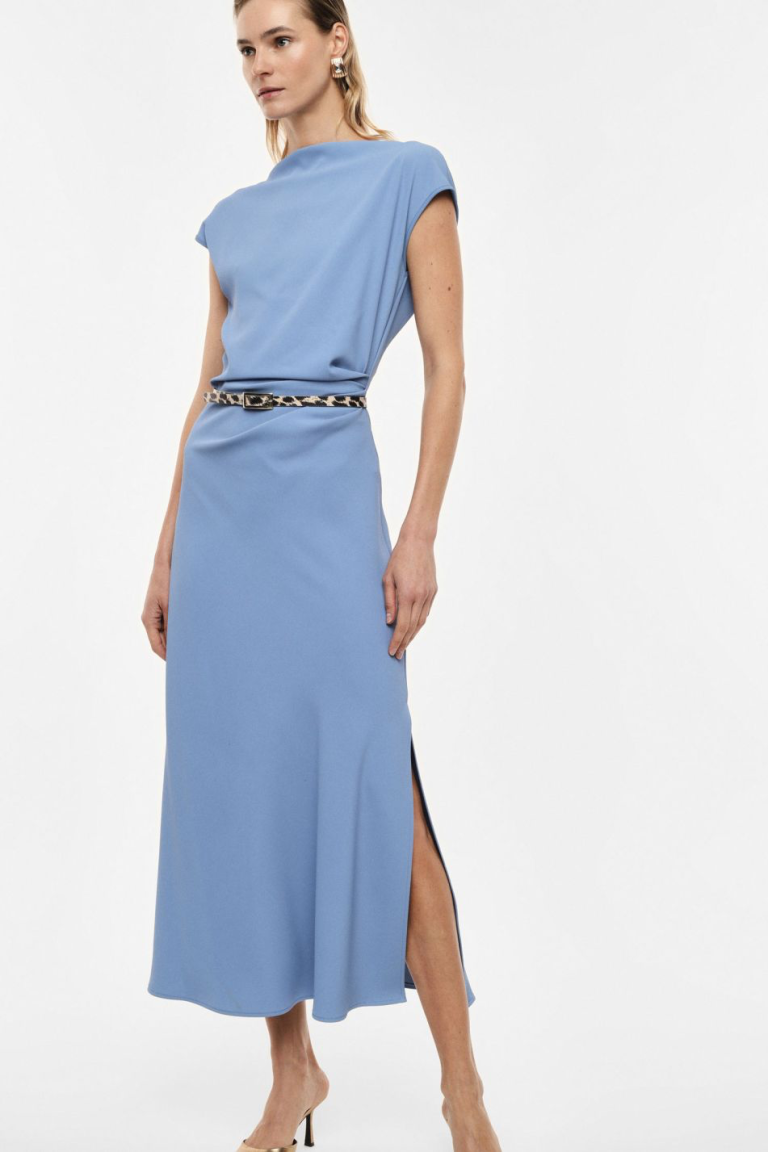 Long dress with boat neckline and animal print belt