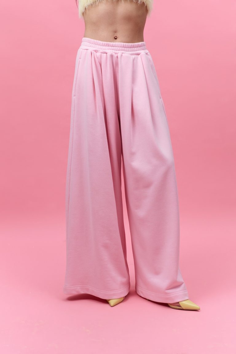 Wide pants with pleats, three-thread, pastel pink