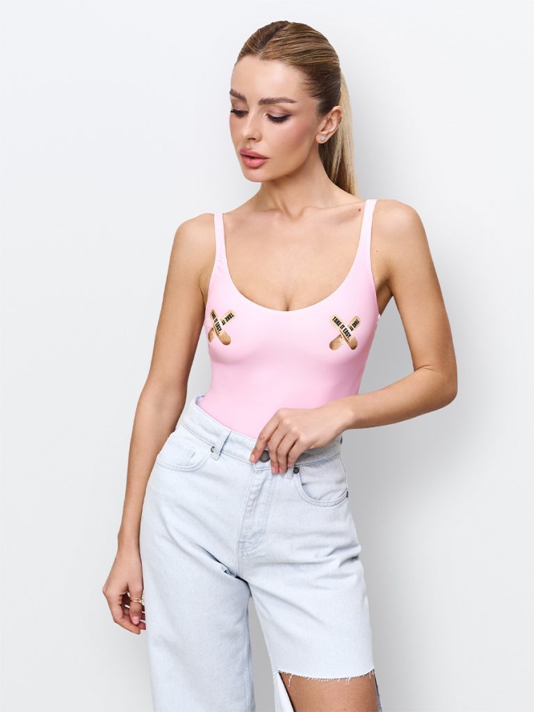 Pink biflex bodysuit with patch print