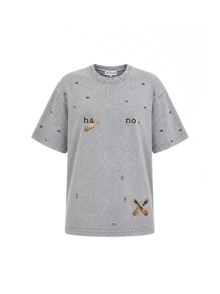 Oversized gray T-shirt with cuts and prints patches "HA.NO."