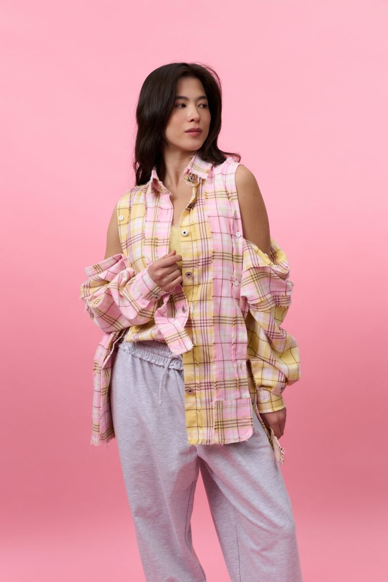 Extra flannel shirt with fringe, pink/yellow