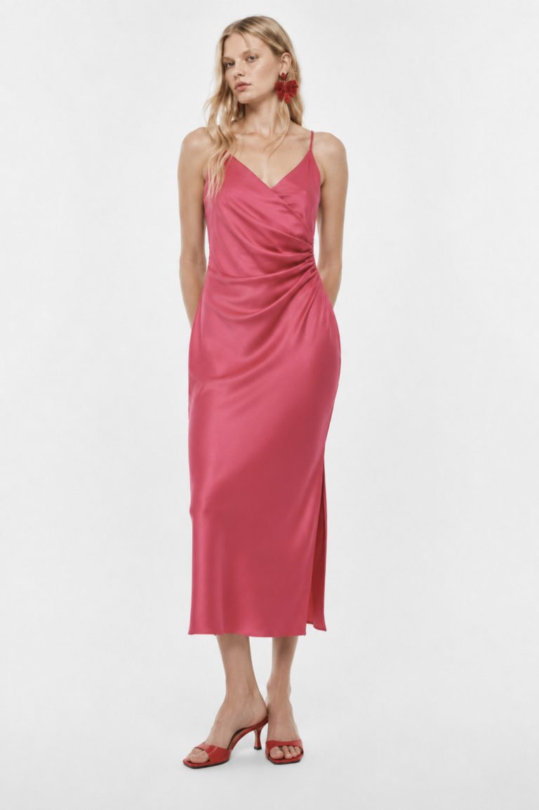 Midi dress with thin straps and side ruching