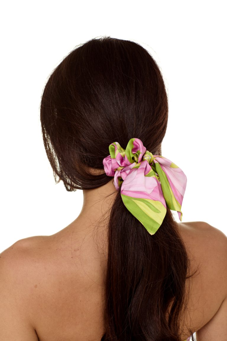 Elastic band on the head with a bow, Artificial Silk, "Flirt in Bloom" print
